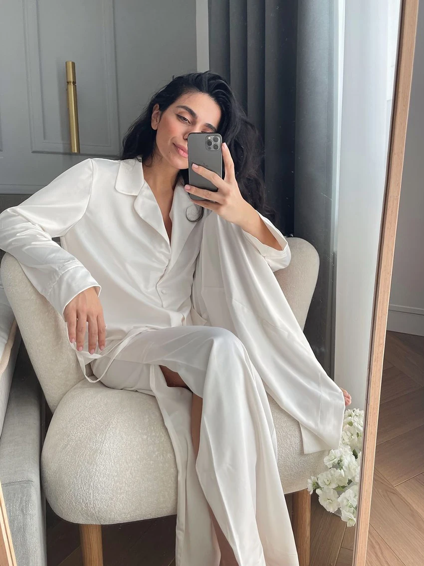 Marthaqiqi Casual Women Pajama 2 Piece Set Sexy Turn-Down Collar Sleepwear Long Sleeve Nightgown Pants Loose Home Clothes Ladies