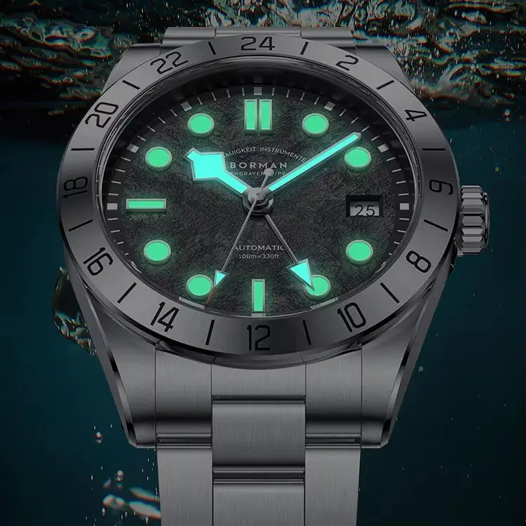

Мужские автоматические часы BORMAN, 40 мм, GMT, механические наручные часы, 10 бар, водонепроницаемые, с сапфировым стеклом, светящиеся