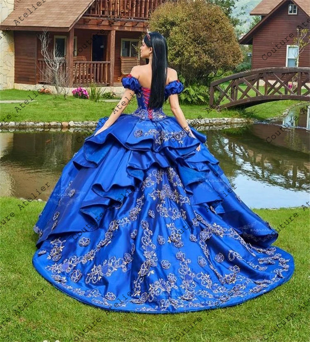 Vestido de baile azul real mexicano para quinceañera, bordado, Formal, con cordones, princesa dulce 16, 15 años