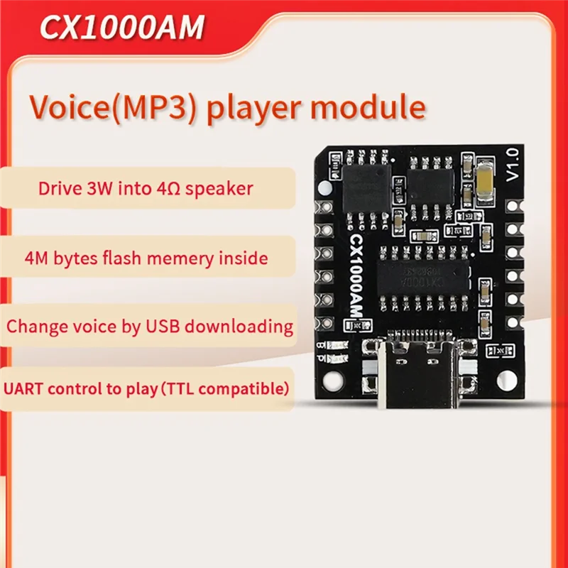 Excellent-CX1000AM Serial Controlled Voice Player Module MP3 Voice Chip Module Trigger Voice Broadcast Custom Audio