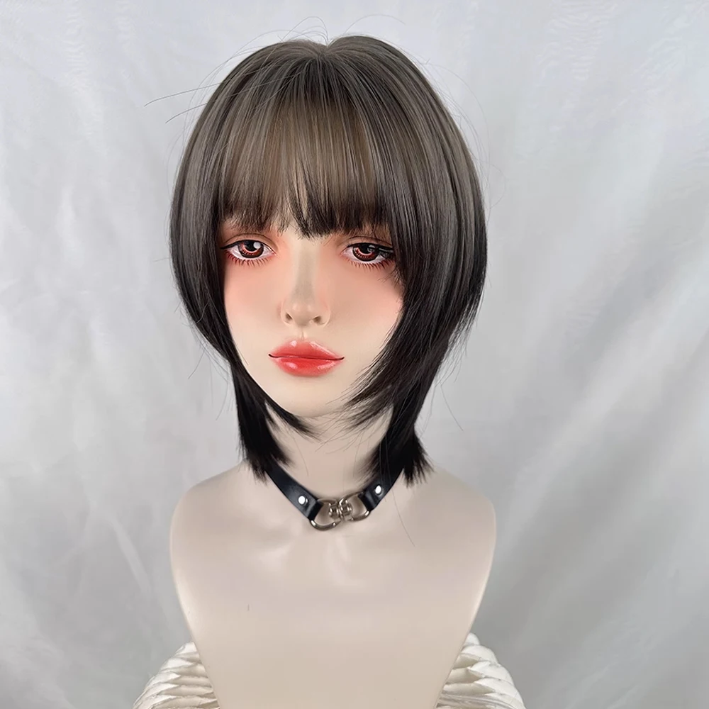 الاصطناعية قصيرة مستقيم أومبير براون شعر مستعار مع الانفجارات لوليتا تأثيري المرأة شعر مستعار رقيق مقاومة للحرارة للحزب اليومي