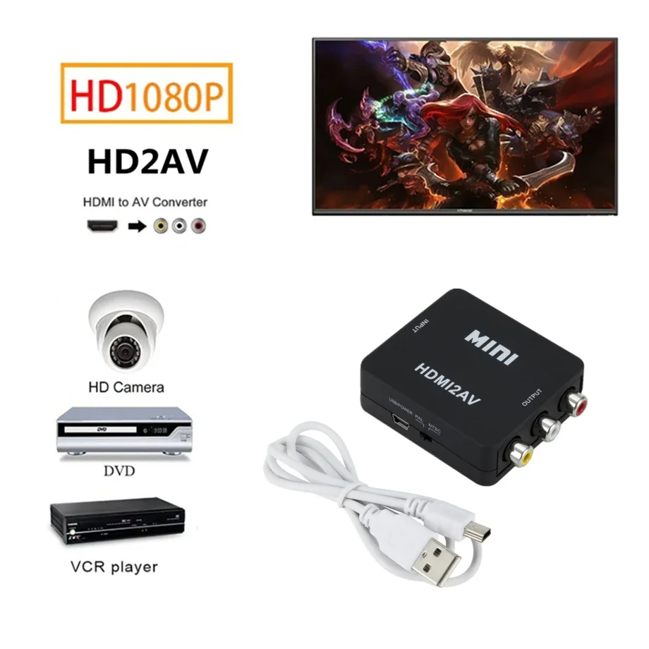 HD 1080P HDMI-compatible TO AV Converter RCA CVSB L/R Video Converter Box Scaler Video Composite Adapter Support NTSC PAL Output