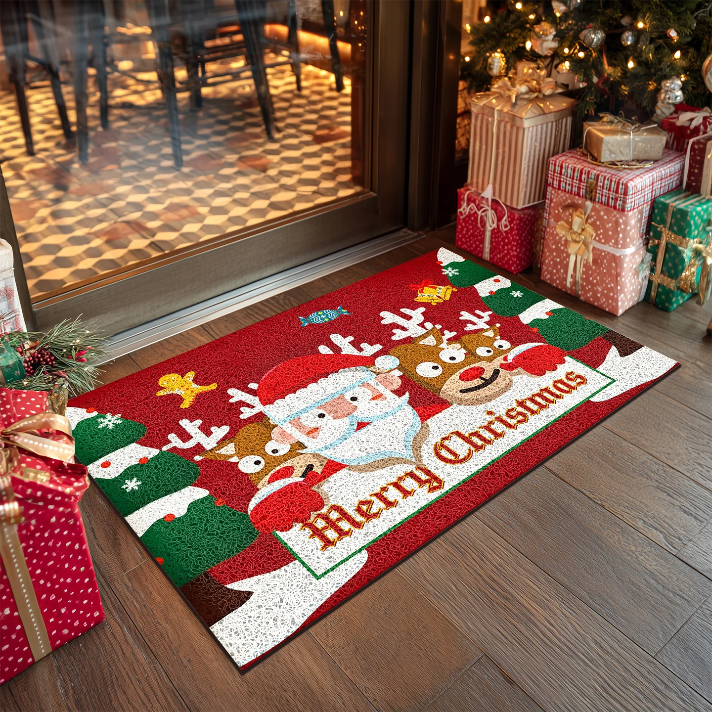 Christmas Doormat Festive Holiday Entrance Mat Anti-Slip PVC Silk Loop Floor Rug Scraping Dirt Trapper Winter Home Decor