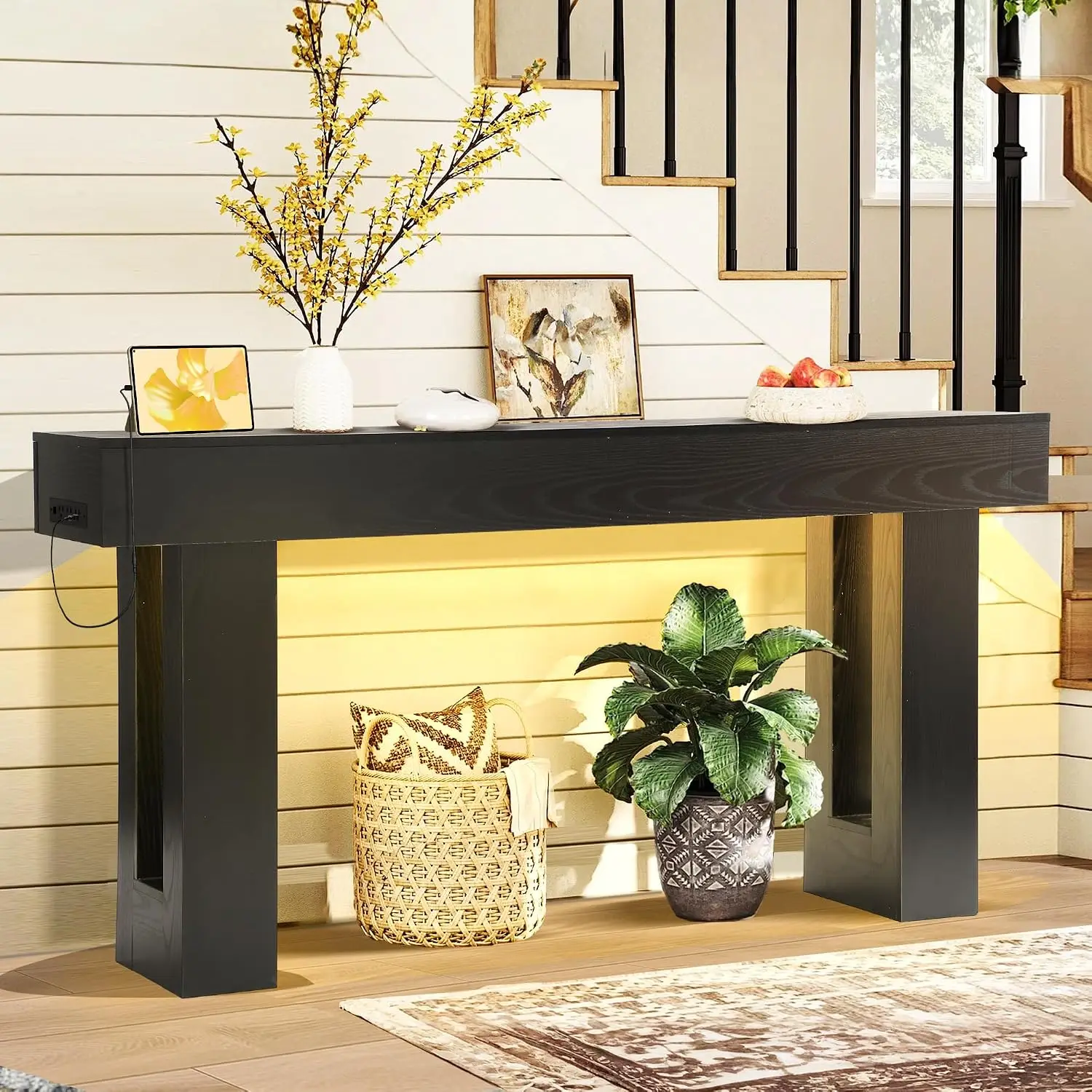 63 Inch Entryway Console Table Wood LED Light USB Power Outlet Narrow Sofa Behind Table Entrance Hallway Living Room, Customized