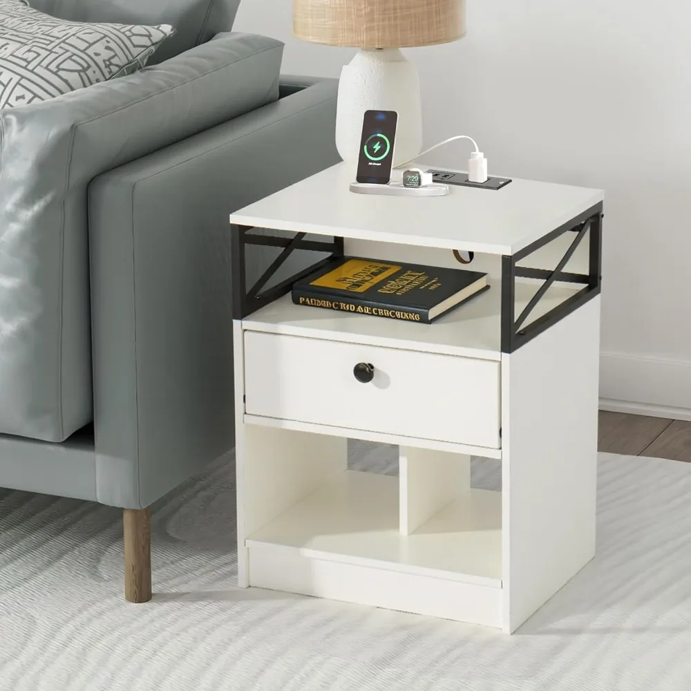 LED Lighted Nightstand Set of 2 with Charging Station, Drawers, and Storage Shelf, Modern Bedside Tables for Bedroom
