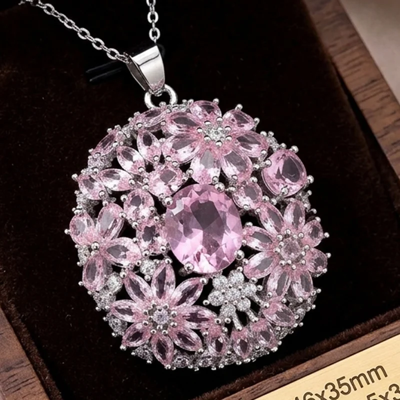 46x34mm Eye Catching Flowers Shape Green Peridot Pink Raspberry Rhodolite Garnet CZ Wedding Ladies Silver plated Pendant