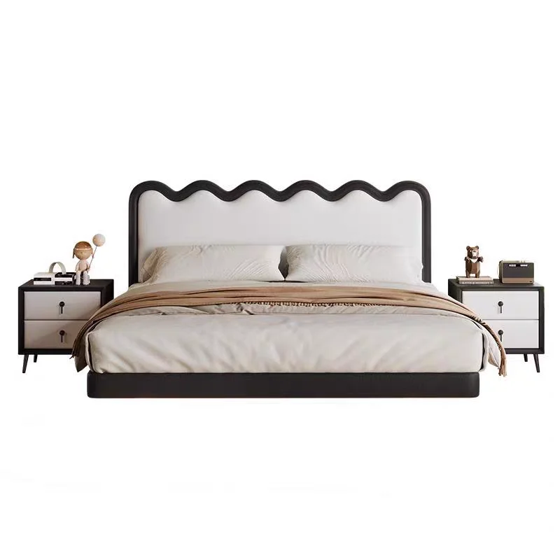 *Modern Minimalist Floating Bed with LED Ambient Lighting Wavy Scalloped Headboard Leather Upholstered King Bedroom Furniture