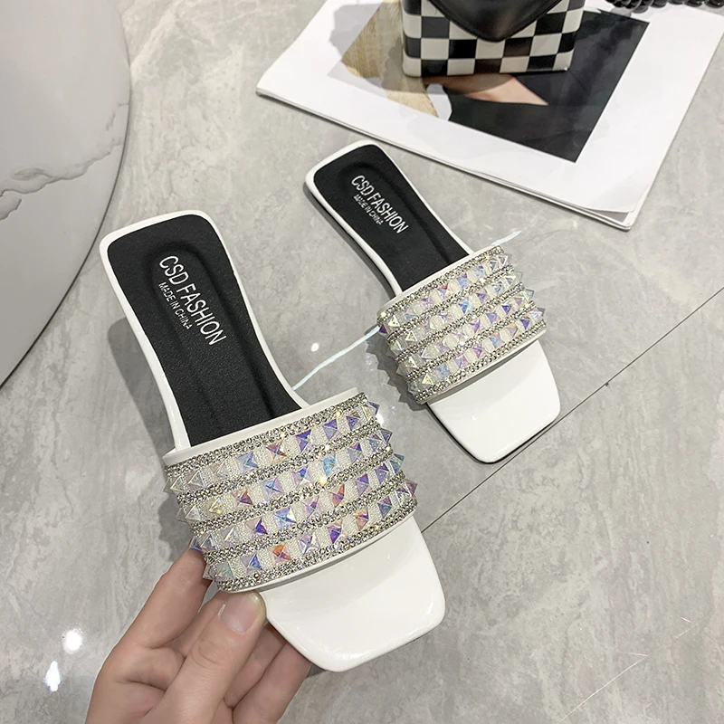 Slippers Women Summer Flat Shoes Female Luxury Slides Rivet Lady Low Pantofle Soft Designer Girl  Fashion PU Rubber Female