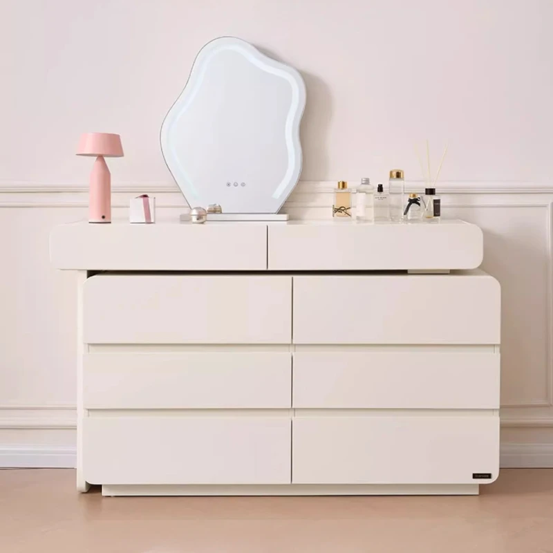 

Bedroom Modern Simple Telescopic Vanity Desk With Light Mirror With Seat Chest Of Drawers Dressing Table Bedroom Cream Style