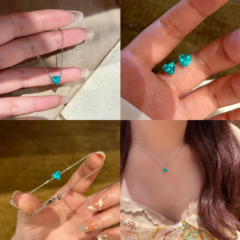

Simple and Exquisite Crystal Blue Heart Necklace Earrings and Super Sparkling White Zircon Retractable Bracelet For Women Gift