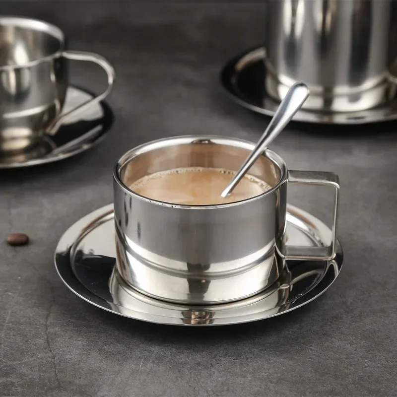 304 Stainless Steel Coffee Cup Mugs, Great Cappuccino Cups with Spoon and Saucer, Suitable  Coffee and Tea Lovers, Gift Idea