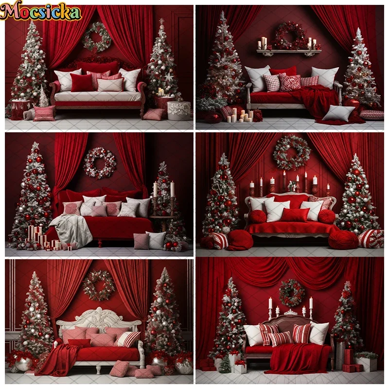 

Christmas Red Headboard Backdrops Kisd Adult Photocall Portrait For Photostudio Props Girl Baby Xmas Trees Wreath Background