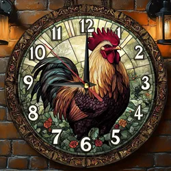 Wooden wall clock with a rooster pattern. Ideal for home or farmhouse decor. Requires AA batteries