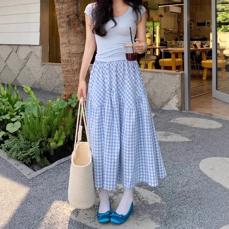 Saia xadrez outono longo azul guarda-chuva saias jupe femme y2k a linha faldas streetwear maxi saias roupas femininas cintura elástica