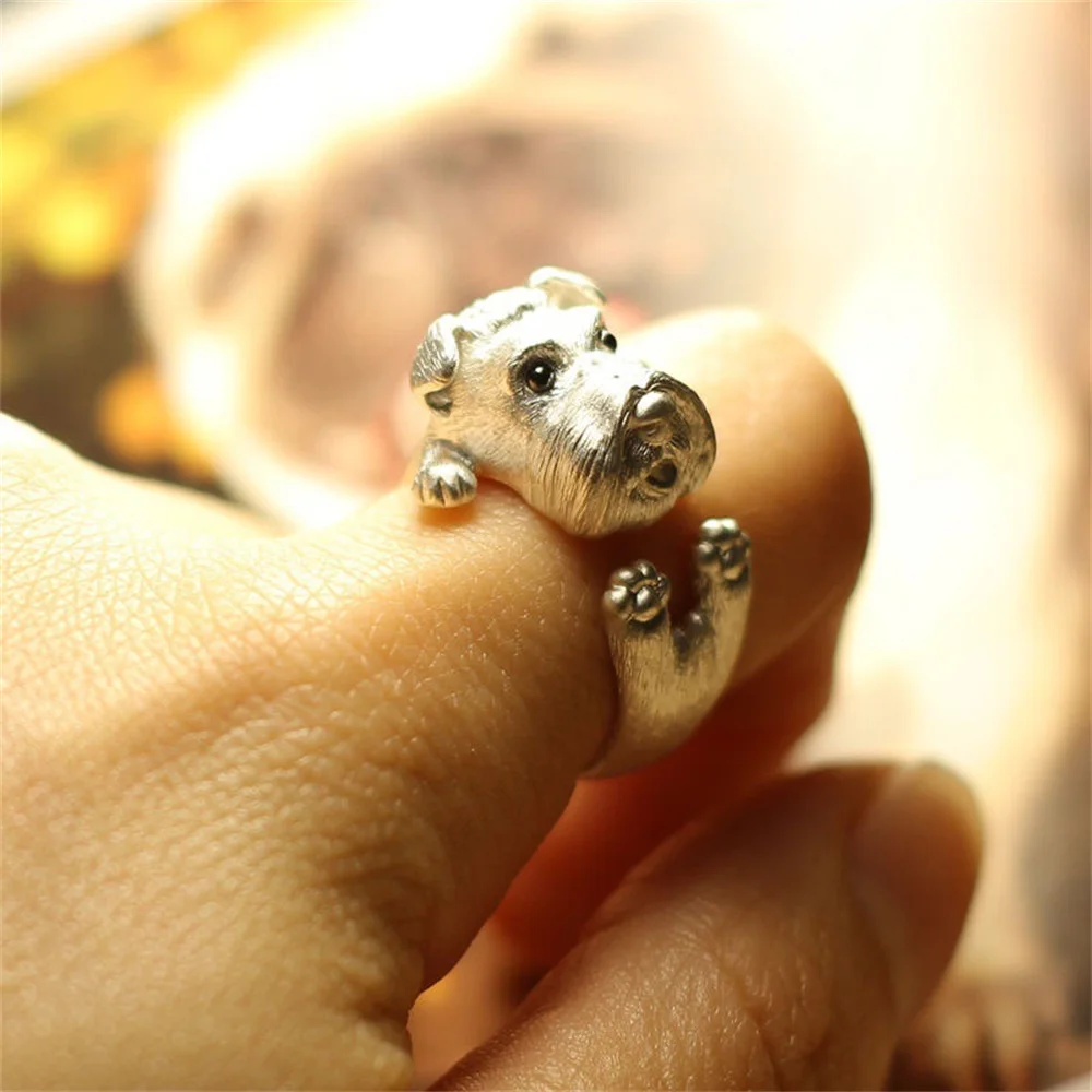 Cute and Realistic Schnauzer Dog Animal Opening Ring Original Design Handmade Pet Ring Jewelry Wholesale