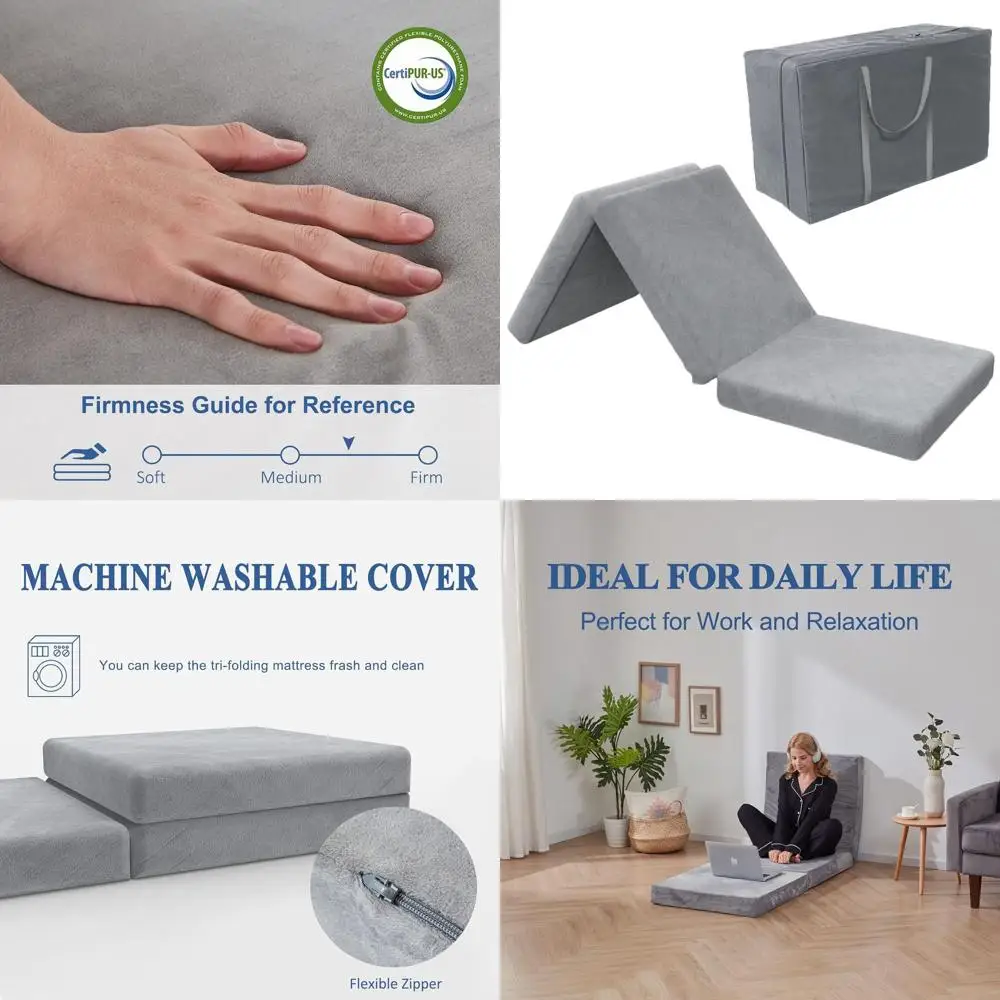 

4 Thick Foam Mattress Topper - Foldable Cot Bed with Washable Cover, CertiPUR-US Certified, 25x75 Inches