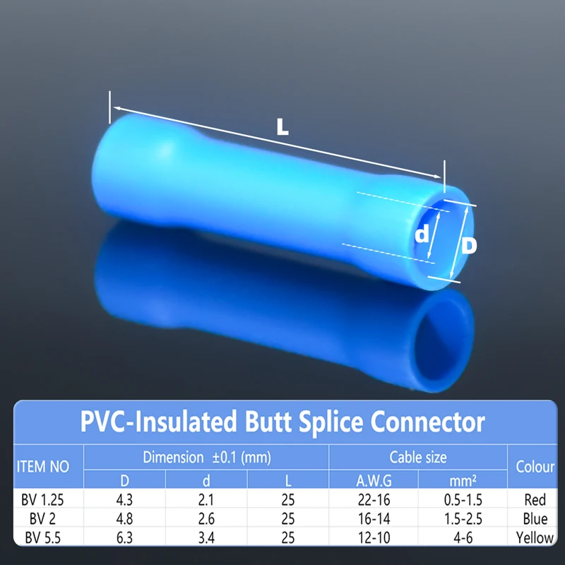 BV1.25/2/5.5 PVC Insulated Pure Copper Butt Splice Connector Electrical Wire Middle Butt Crimping Terminal  AWG22-10