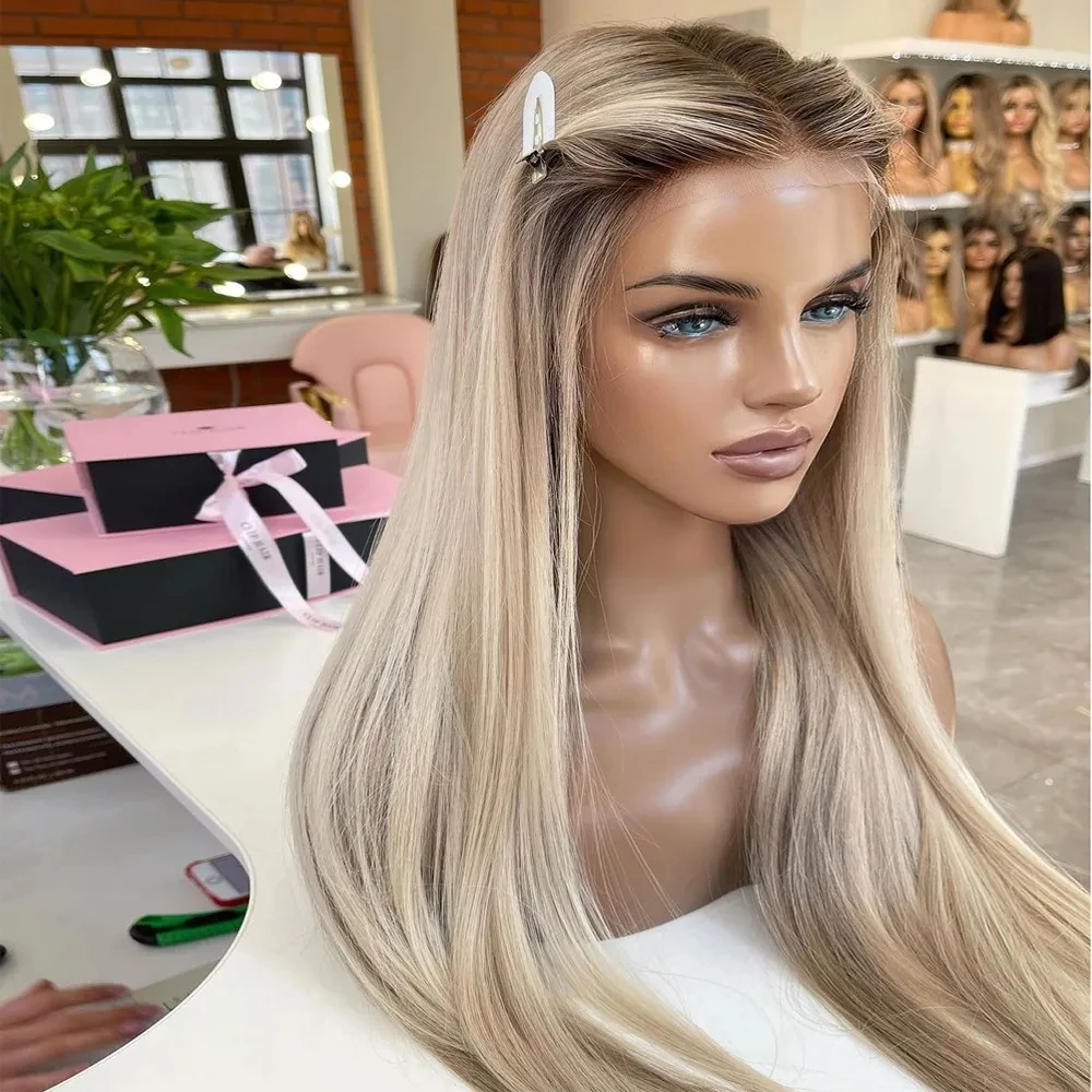 QW  Ombre Blonde Silky Straight Highlights Wig Soft Synthetic Hair Lace Wigs Swiss Lace 13x4 Lace Front Wig Heat Resistant Fiber