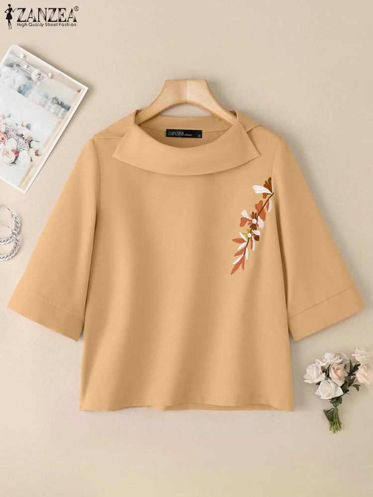 

2025 ZANZEA Summer 3/4 Sleeve Blouse Women Elegant Work OL Shirt Casual Embroidery Floral Tops Female Loose Chemise Blusas Tunic