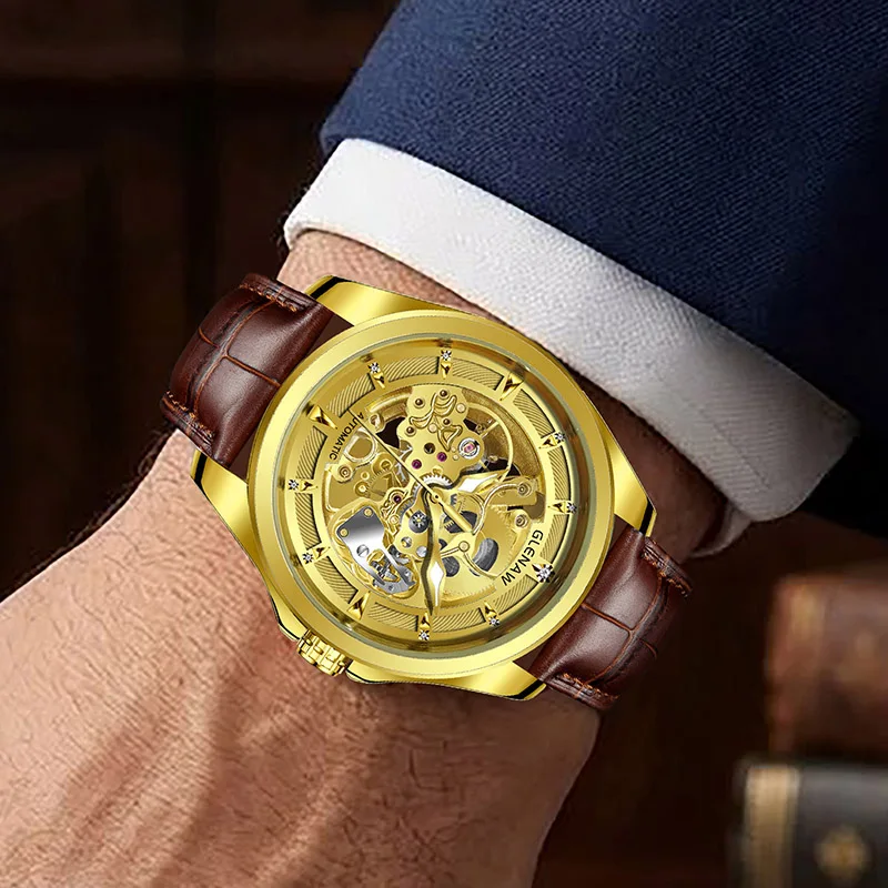 GLENAW New Hollowed-out Automatic Movement Mechanical Watches Men New Business Waterproof Luminous Stainless Steel Mens Watch ﻿