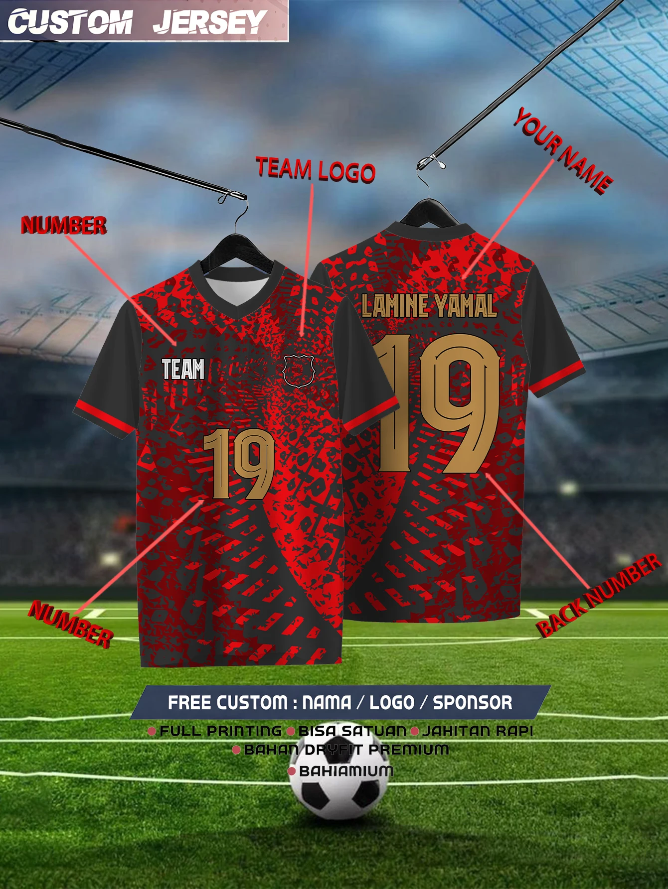 

Customized Geometric Red Short Sleeved Shirt with Team Name, Emblem, Name and Number, Outdoor Sports Short Sleeved T-shirt