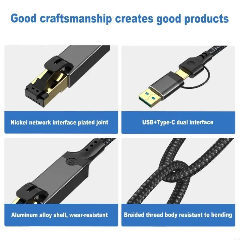 Q6PA Textile Sleeve USB to RJ45 Ethernet Cable with Fast Start, Gigabit Internet Access for Students and Travel Workspaces