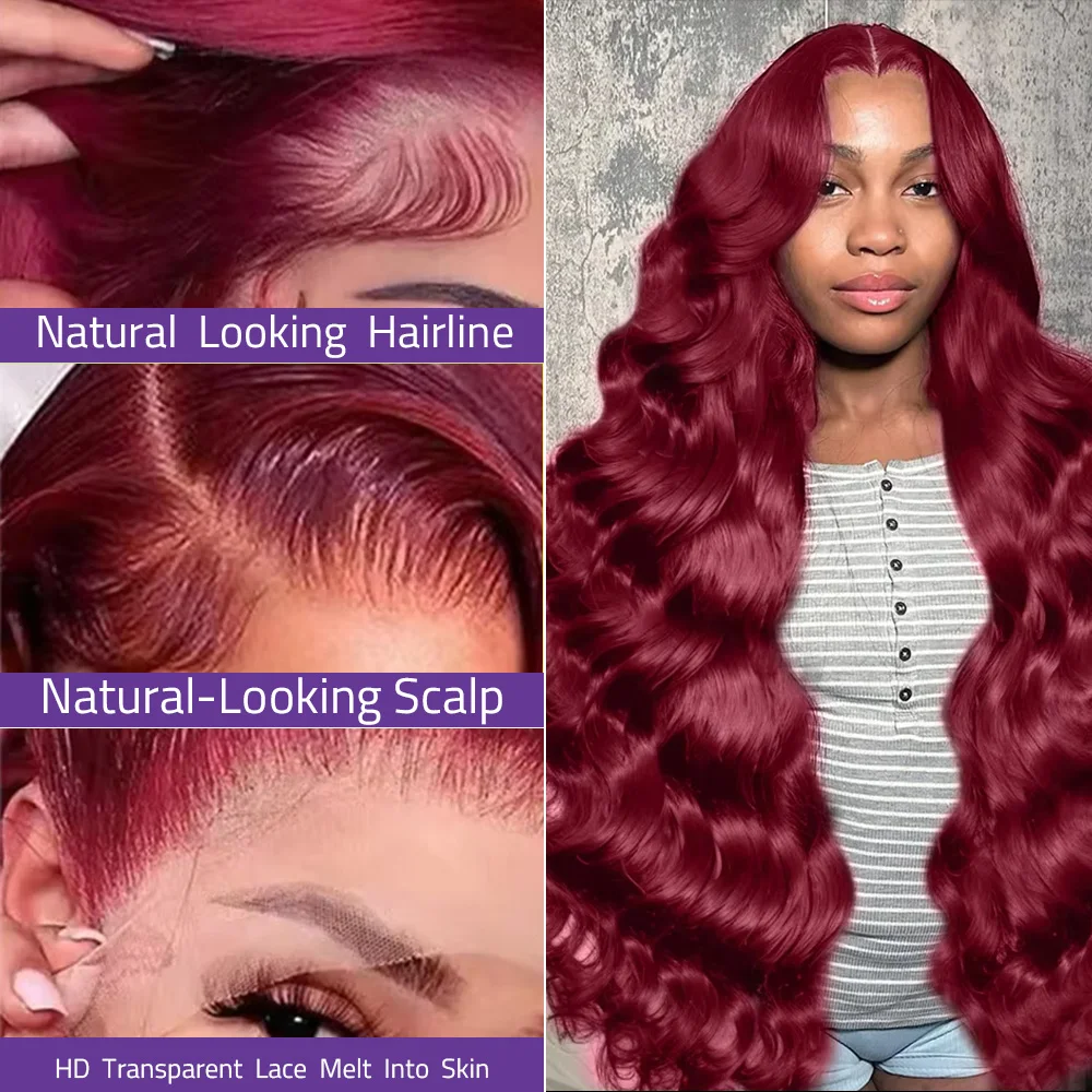 99J Borgogna Onda Del Corpo 13x6 HD Trasparente Parrucche Anteriori Del Merletto Brasiliano 100% Dei Capelli Umani 13x4 Parrucca Frontale Del Merletto Per Le Donne 200 Densità