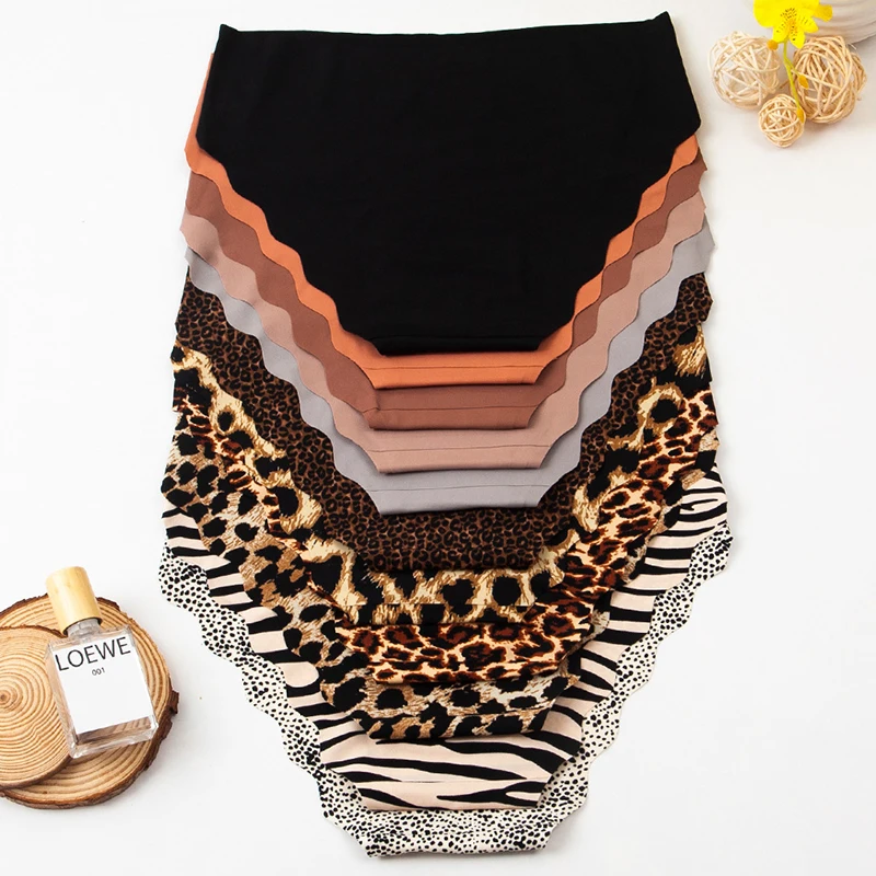 3pcs Women's Seamless Ice Silk Panties Female Mid Waist Plus Size Leopard Print Underwear Girls Fashion Brief Lady Comfort Panty