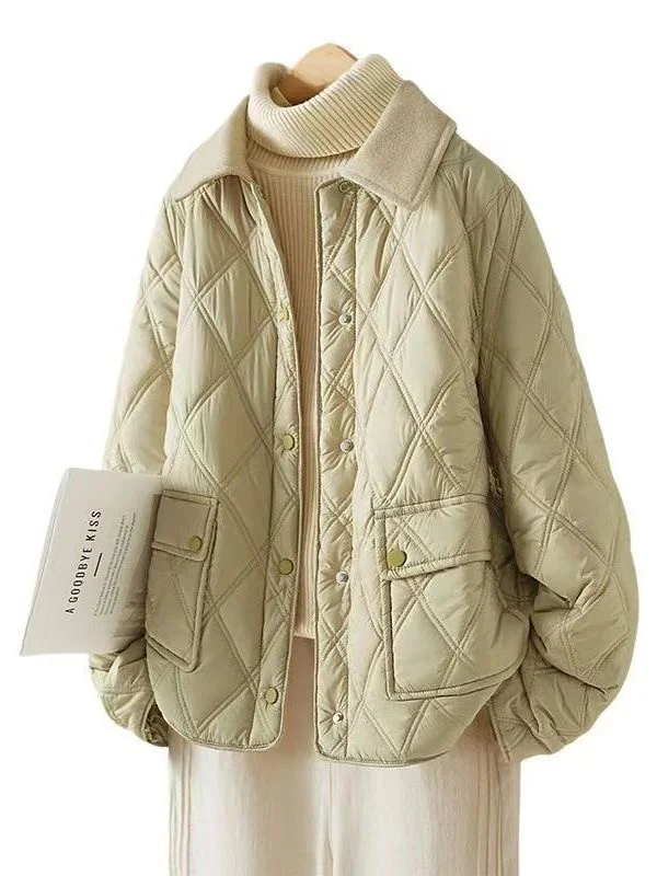 Loose Fit Thiened Cotton Jaet Dames Winter Faionable Warm Gewatteerde Jas Turn-down Kraag Diamantpatroon Bovenkleding