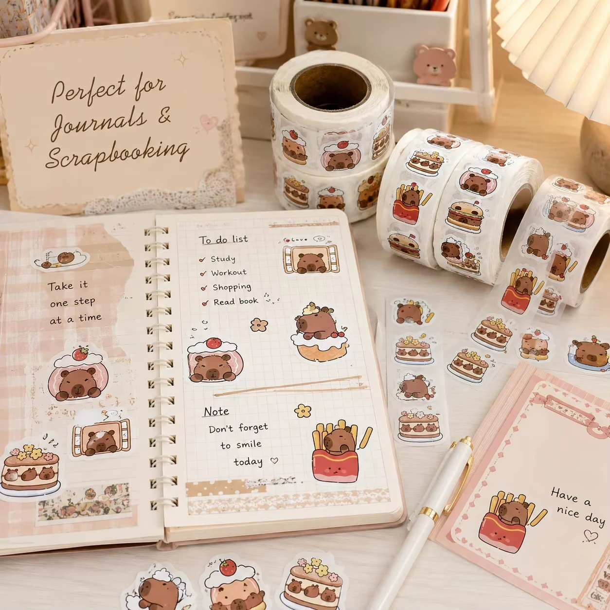 500Pcs Waterproof PVC Self‑Adhesive Decals Capybara Stickers Roll Cute Animal & Food‑Themed Perfect for Laptops Scrapbook Phones