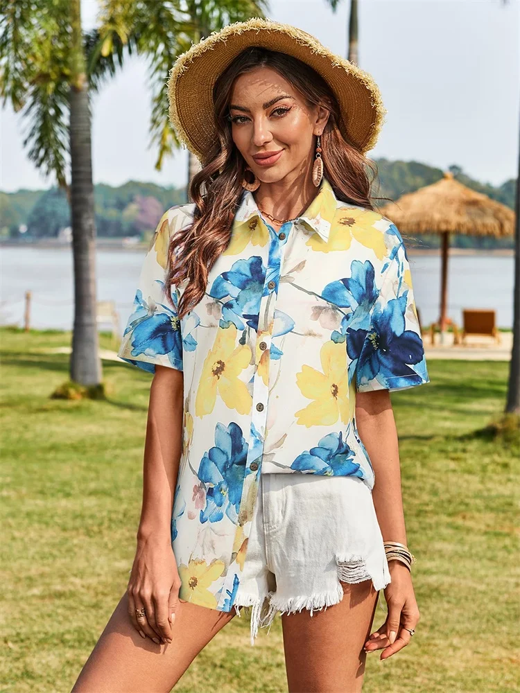 

Женские модные рубашки 2025 года с чернилами и цветочным принтом, уличная повседневная мода, подходят для летних пляжных каникул