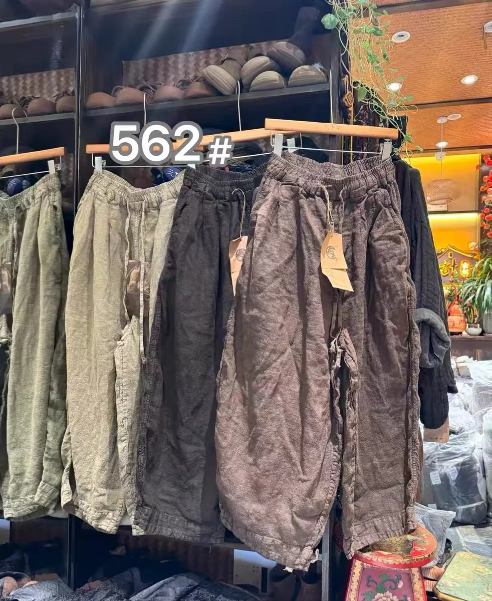 

Autumn New Sle Loose Fit Slimming Linen Trousers Versatile Casual Pure Color High Waist Elastic Pants Women's Faion