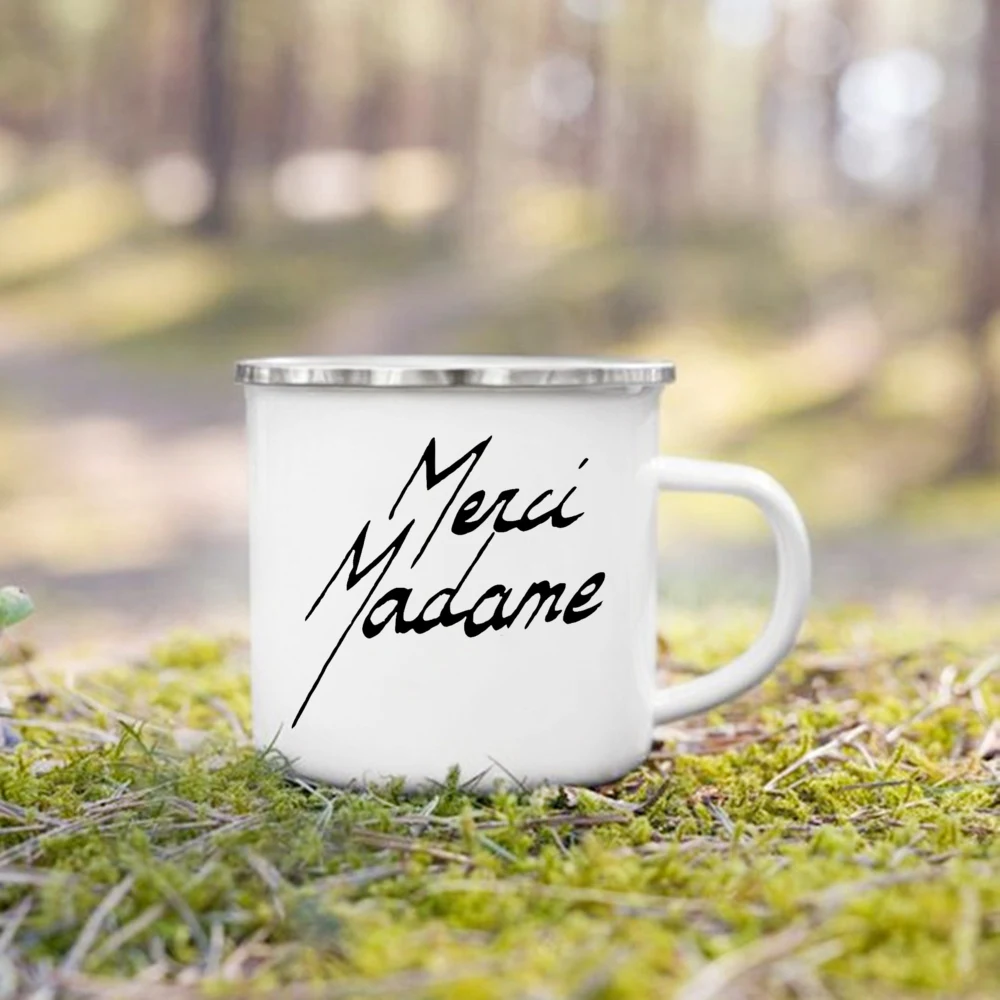 Tazas con estampado francés de Merci Madame, tazas de café creativas, taza de esmalte de agua con asa, taza de Camping, regalo de fin de año