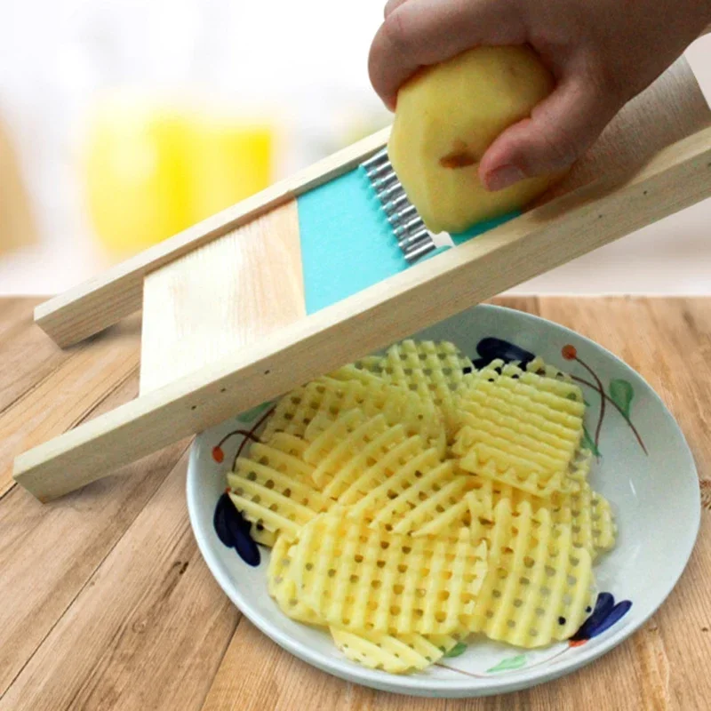 Potato Grid Slicer Vegetable Grater Corrugated Net Chopper Cutter Wooden Wave Knife Chipper Salad Shredder Peeler Masher Kitchen