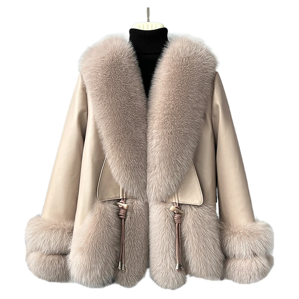 ZDFURS*Haining 2022 Popular Fox Fur Big Fur Collar Fur Coat Female Fur and Leather Overcoat Young Fashion down Jacket