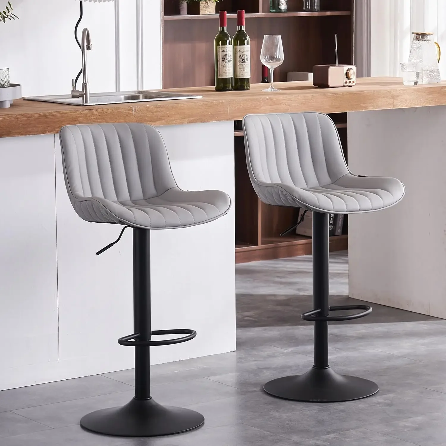 

YOUNIKE Bar Stools Set of 2 Grey Swivel Adjustable Barstools with Back Upholstered Modern Leather Counter Stools Armless Tall Ch