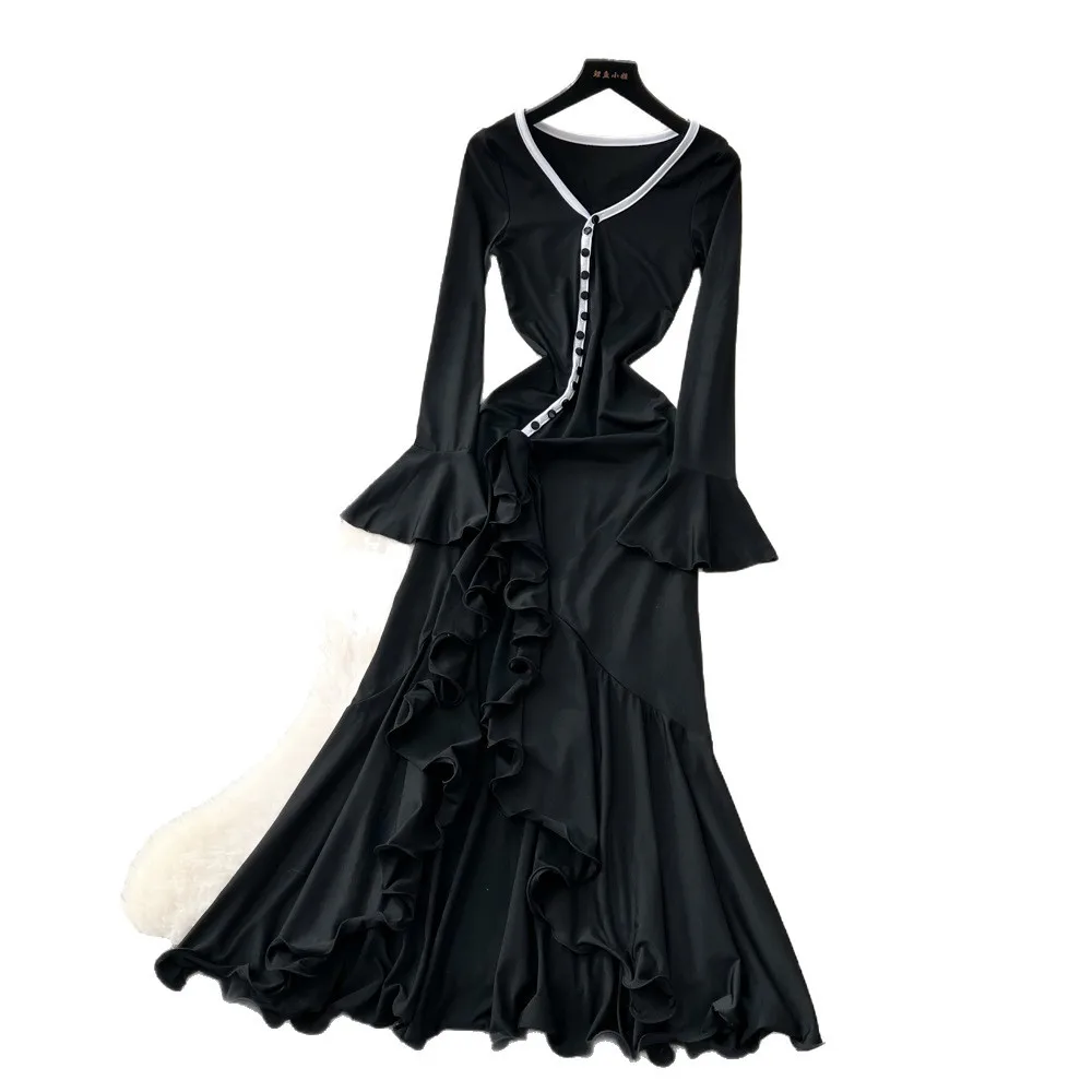 Women Irregular Ruffles Dresses Solid Dress V Neck Waist Cinch A Line Ankle Lenth Long Flared Sleeve Casual Elegant 2025 Autumn