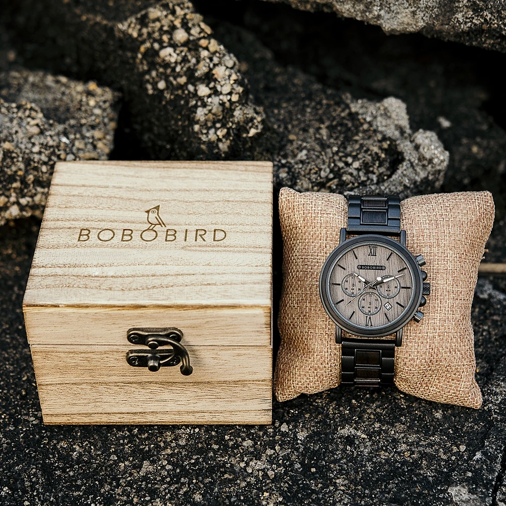 BOBO BIRD-Relógio de madeira para homens, relógios militares, luxo, relógios de madeira elegantes, cronógrafo, gravado personalizado, caixa de