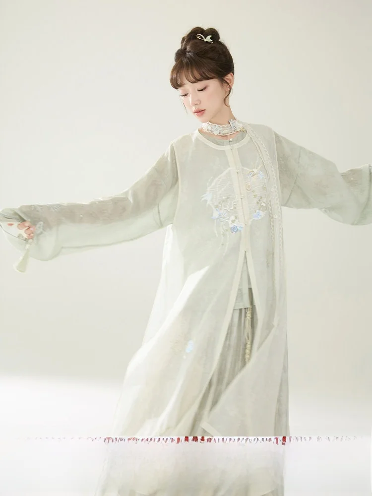 

Длинный шелковый комплект с вышивкой: рубашка и юбка, традиционная китайская одежда Ханьфу для женщин от iyu Thirteen