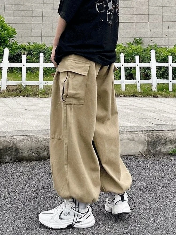 HOUZHOU Harajuku Streetwear Khaki Cargo Pants Women Oversize Pockets Hip Hop Black Wide Leg Trousers For Female Korean Fashion