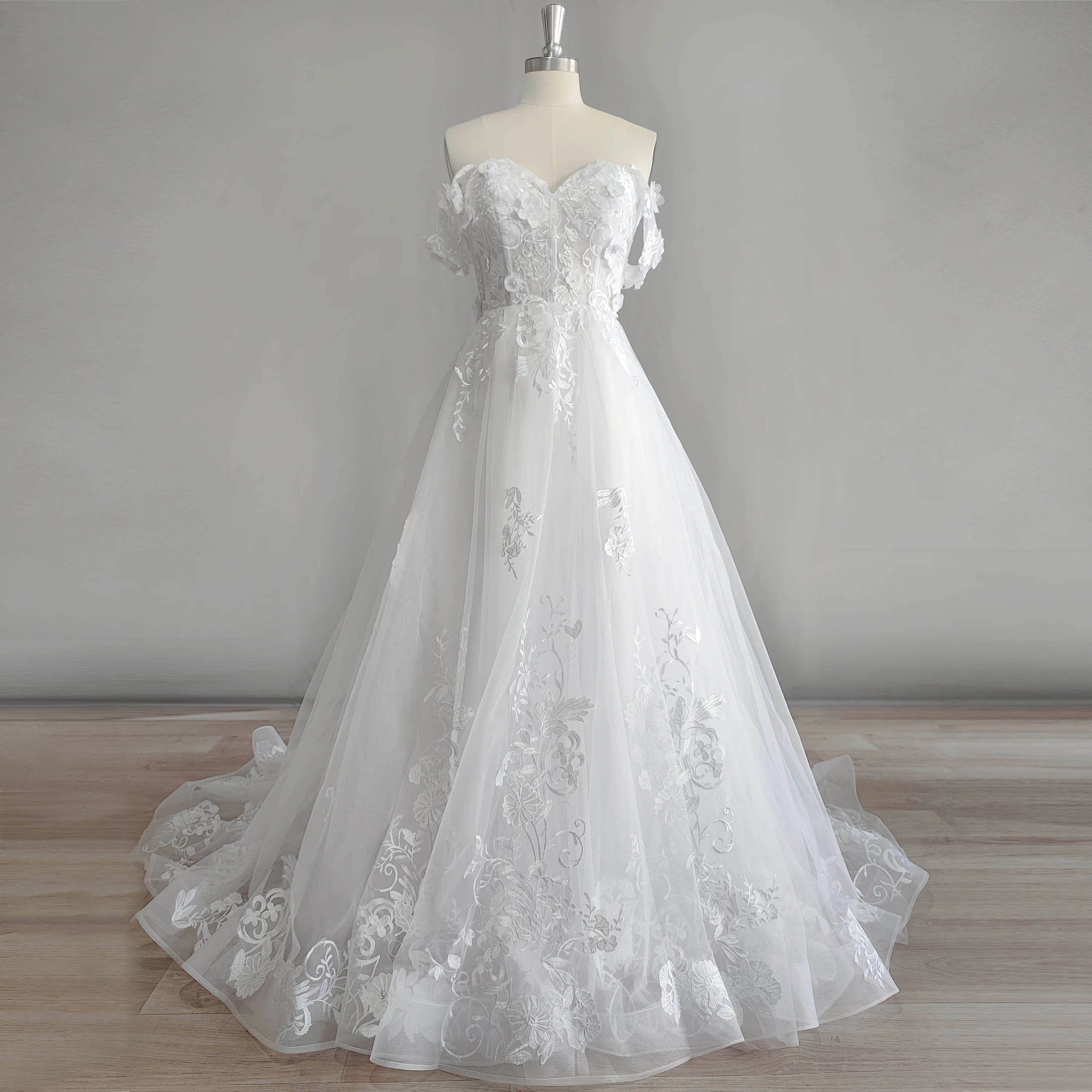 DIDEYTTAWL Real Picture Off Shoulder Sweetheart Tulle Boho Wedding Gown 3D Flowers Lace Appliques Ball Gown Bride Dress