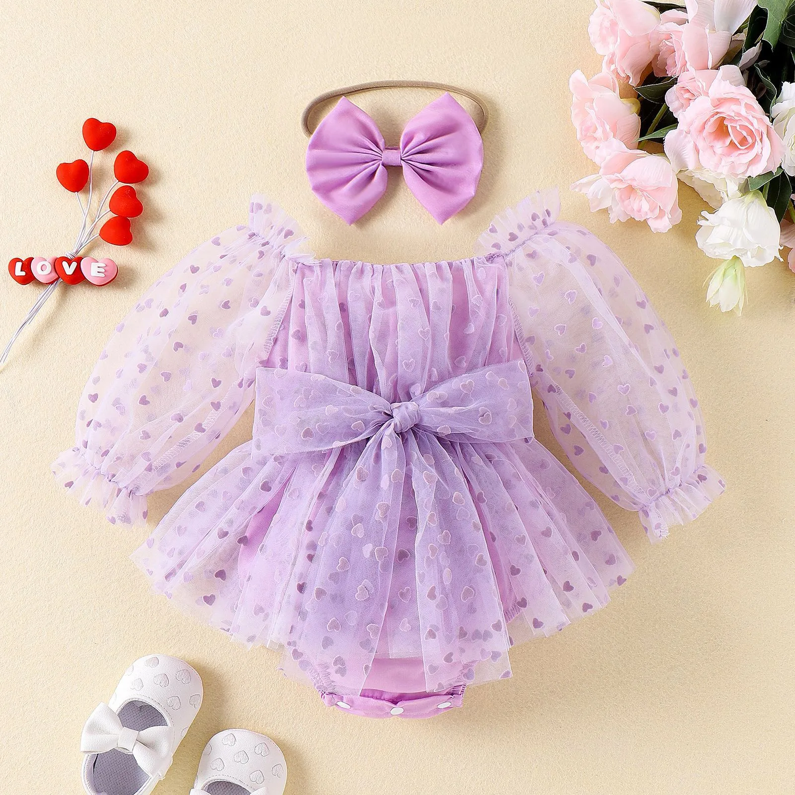 0-18M Infant Baby Girls Valentine's Day Romper Tutu Dress Heart Print Long Puff Sleeve Mesh Tulle Jumpsuits With Bow Headband