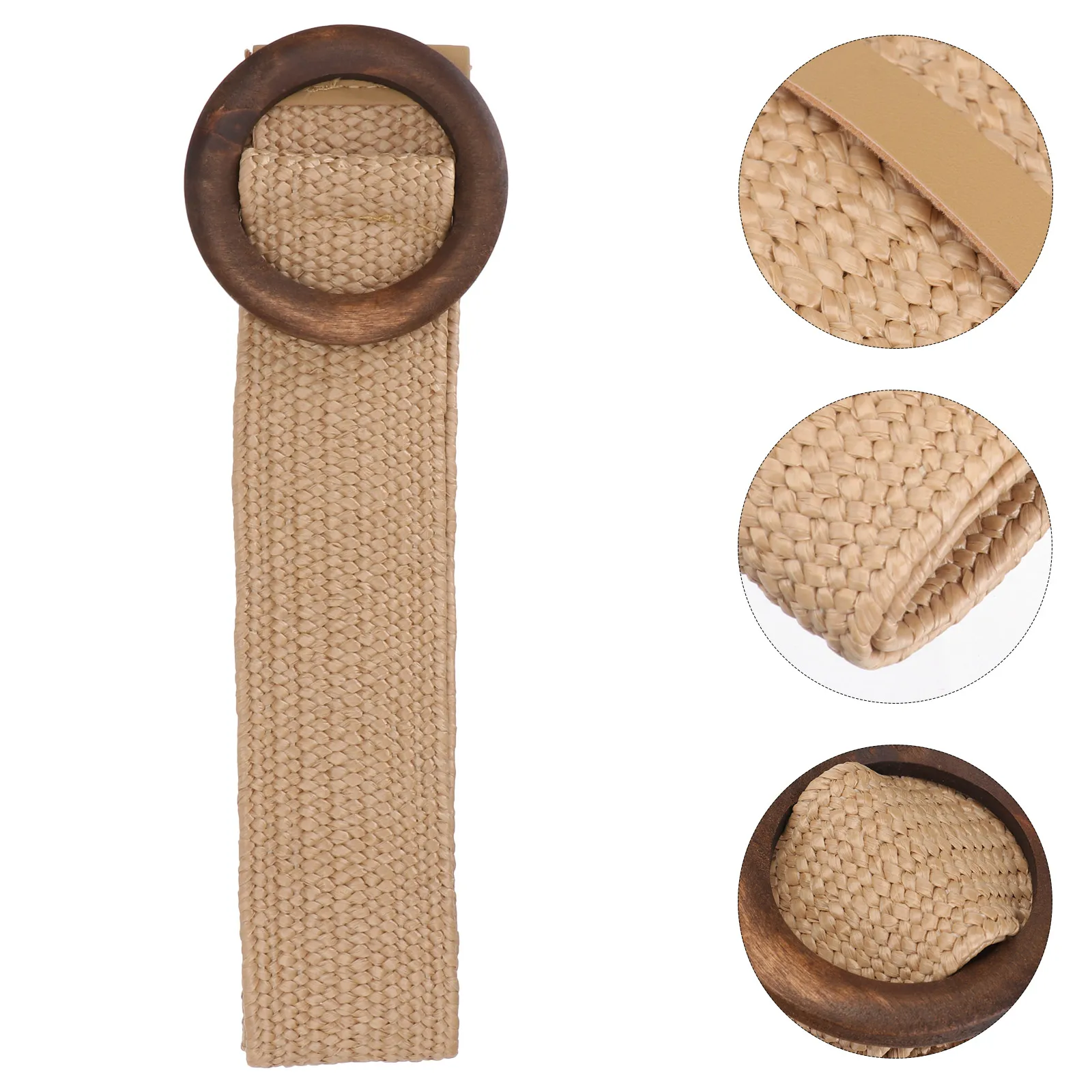

Braided Woven Belts Brown for Jeans Pants PP Grass Material Wooden Buckle Adjustable Women Belt Casual Office