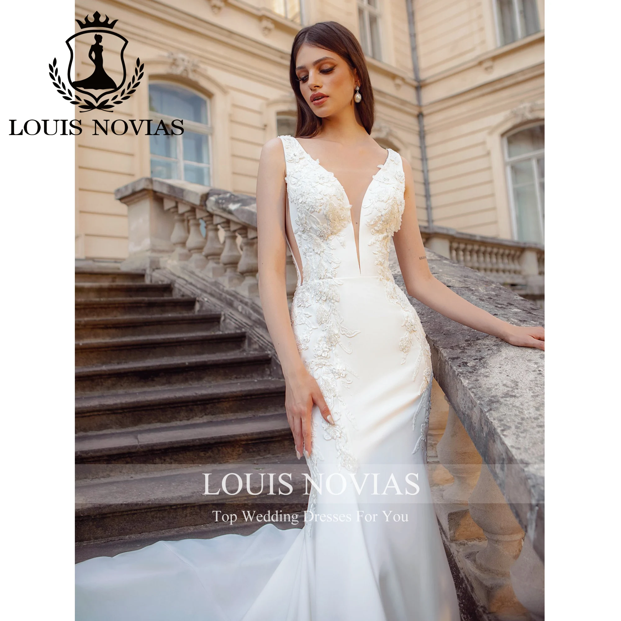 

LOUIS NOVIAS атласное свадебное платье русалки сексуальное свадебное платье с глубоким v-образным вырезом на бретельках аппликации и бисером Vestidos De Novia