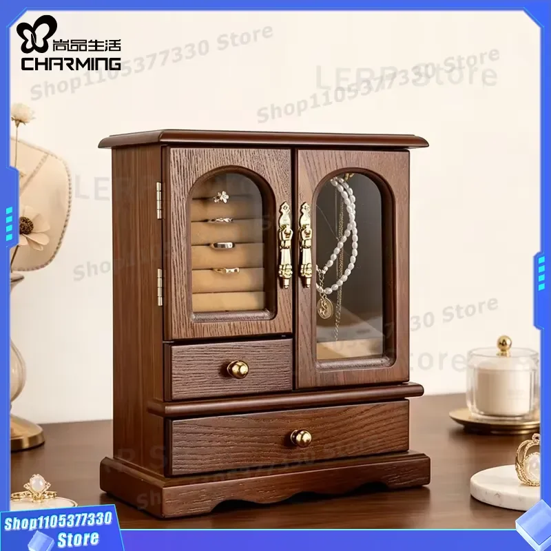 Vintage Brown Wooden Jewelry Box with Glass Top Multi Layer Drawers Rotating Tray for Rings Earrings Storage Organizer