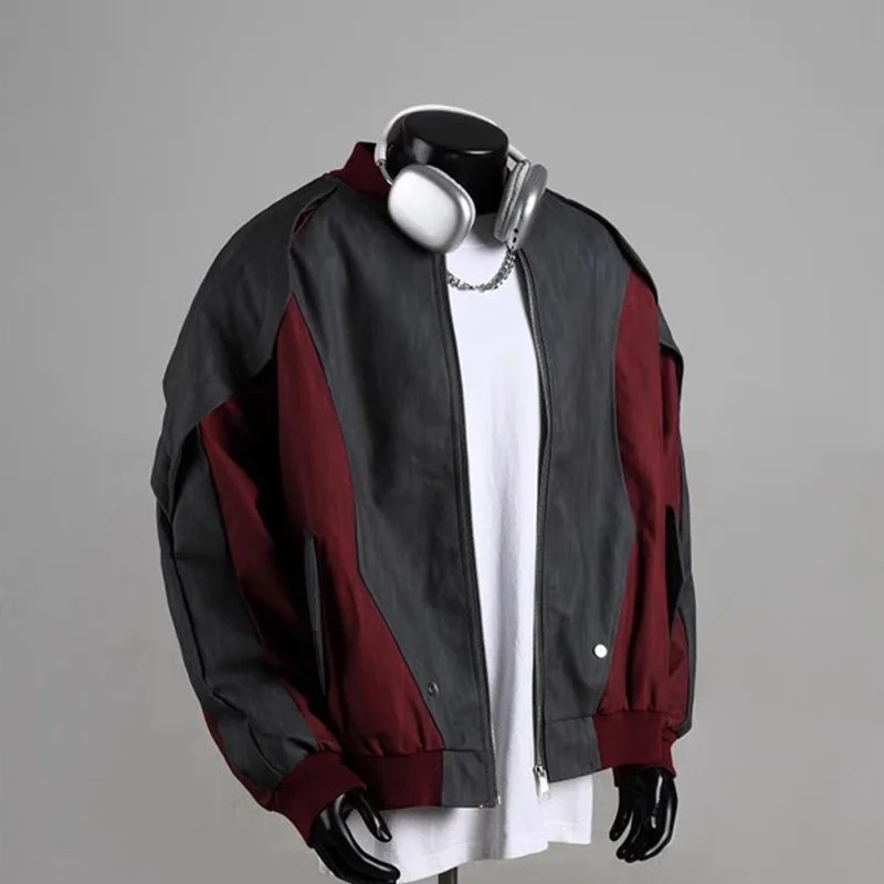 

Mens' American Spliced Contrast PU Leather Baseball Jacket Spring Autumn Street Fashion Loose Casual Men Coat