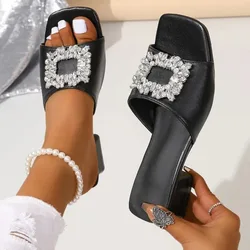 Women's Slippers Summer New High Heels Square Head Open Toe Rhinestone Sandals Casual Comfort Simple Square Slippers