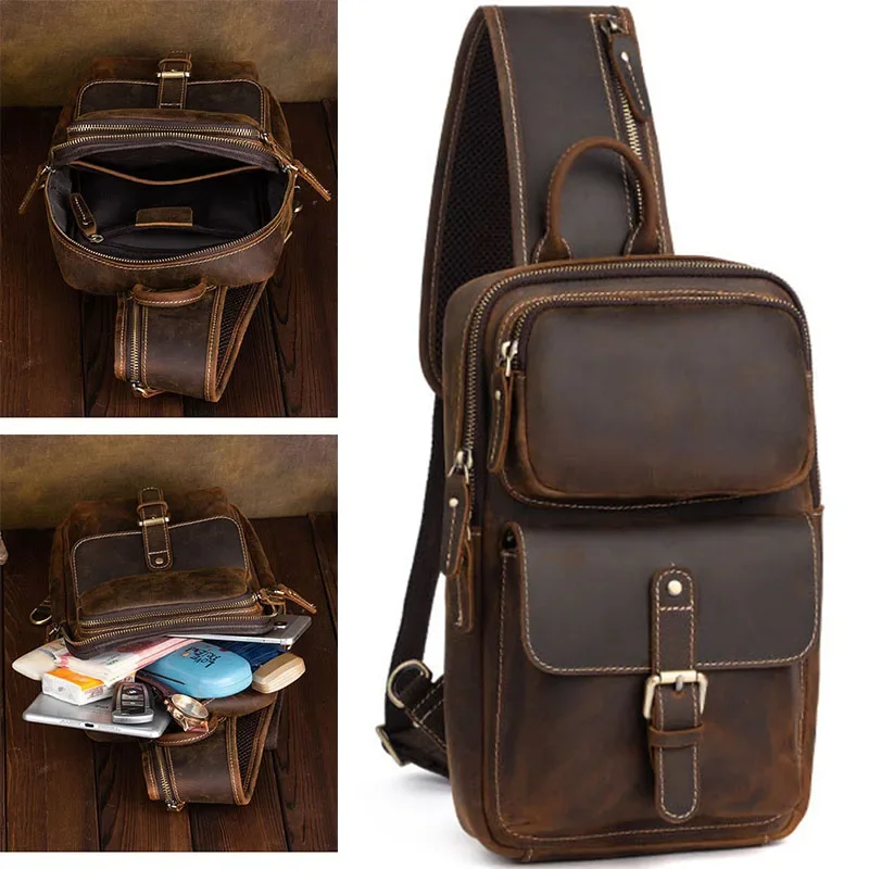 New 2023 Retro High-Capacity Fashion Genuine Leather iPad Crossbody Bag Chest Pack Casual Utility Men\'s Shoulder Bag