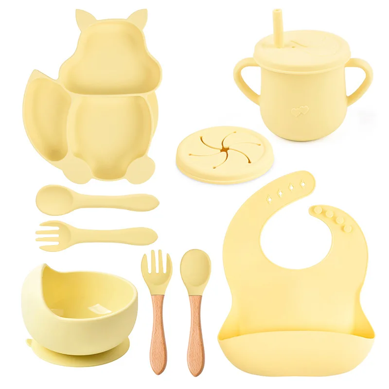 

8PCS Silicone Baby Feeding Set Suction Plate Bowl Waterproof Bib Sippy Cup Silicone Spoon Fork Children's Tableware Set