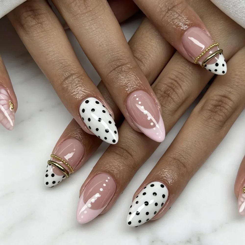 

24pc Pink Press on Nails with Polka Dot Pattern Design Almond Full Cover Nail Tips Acrylic French False Nail Simple Fake Nail 3d
